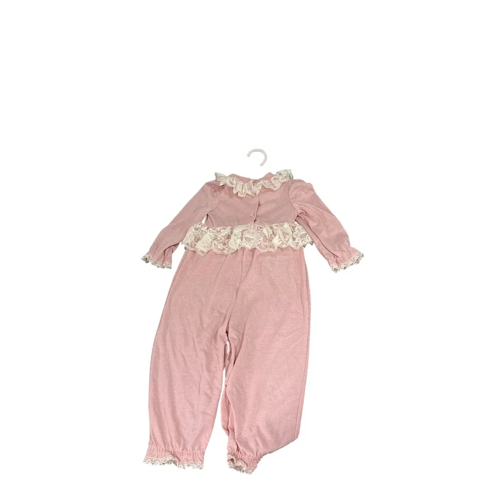 Little Precious Vintage Pink Lace Ruffle Romper Long Sleeve Cottage Core 24M